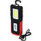 Zwarte en rode LED-lamp met haak en oplaadkabel.